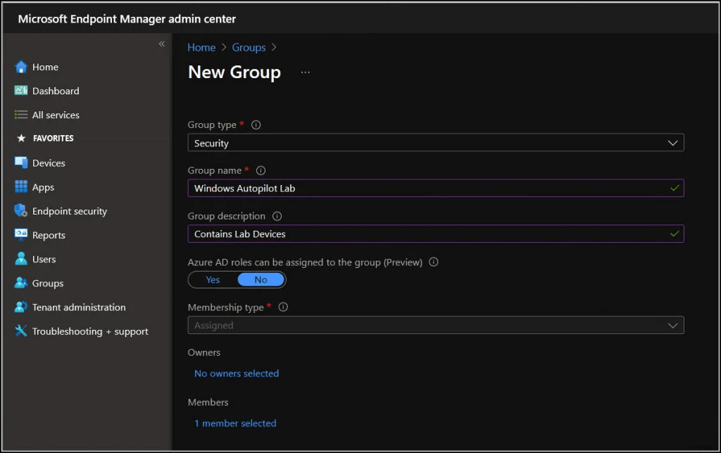 Crie um grupo de dispositivos para o Windows Autopilot