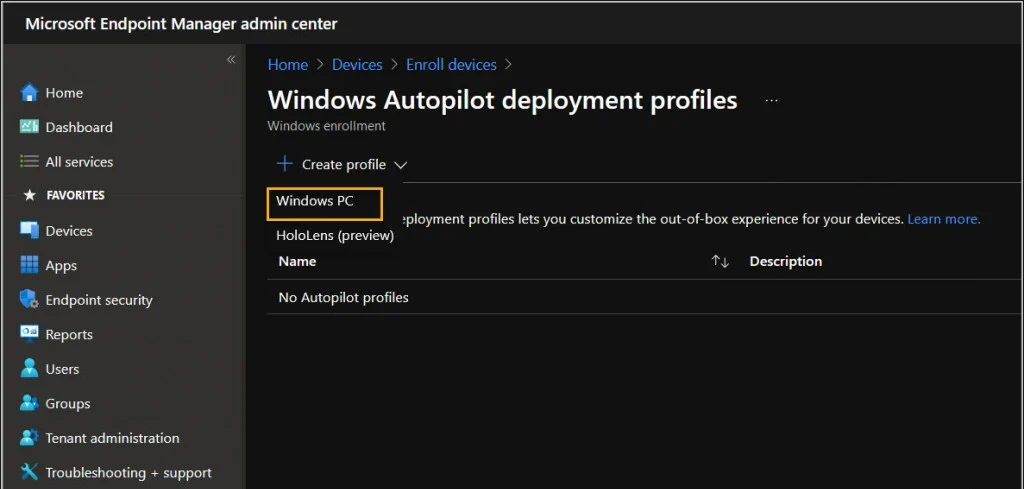 Crie o perfil de implantação do Windows Autopilot