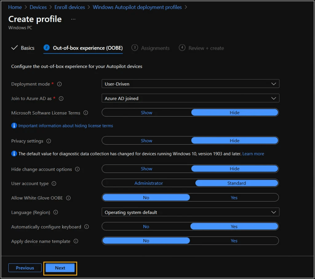 Crie o perfil de implantação do Windows Autopilot